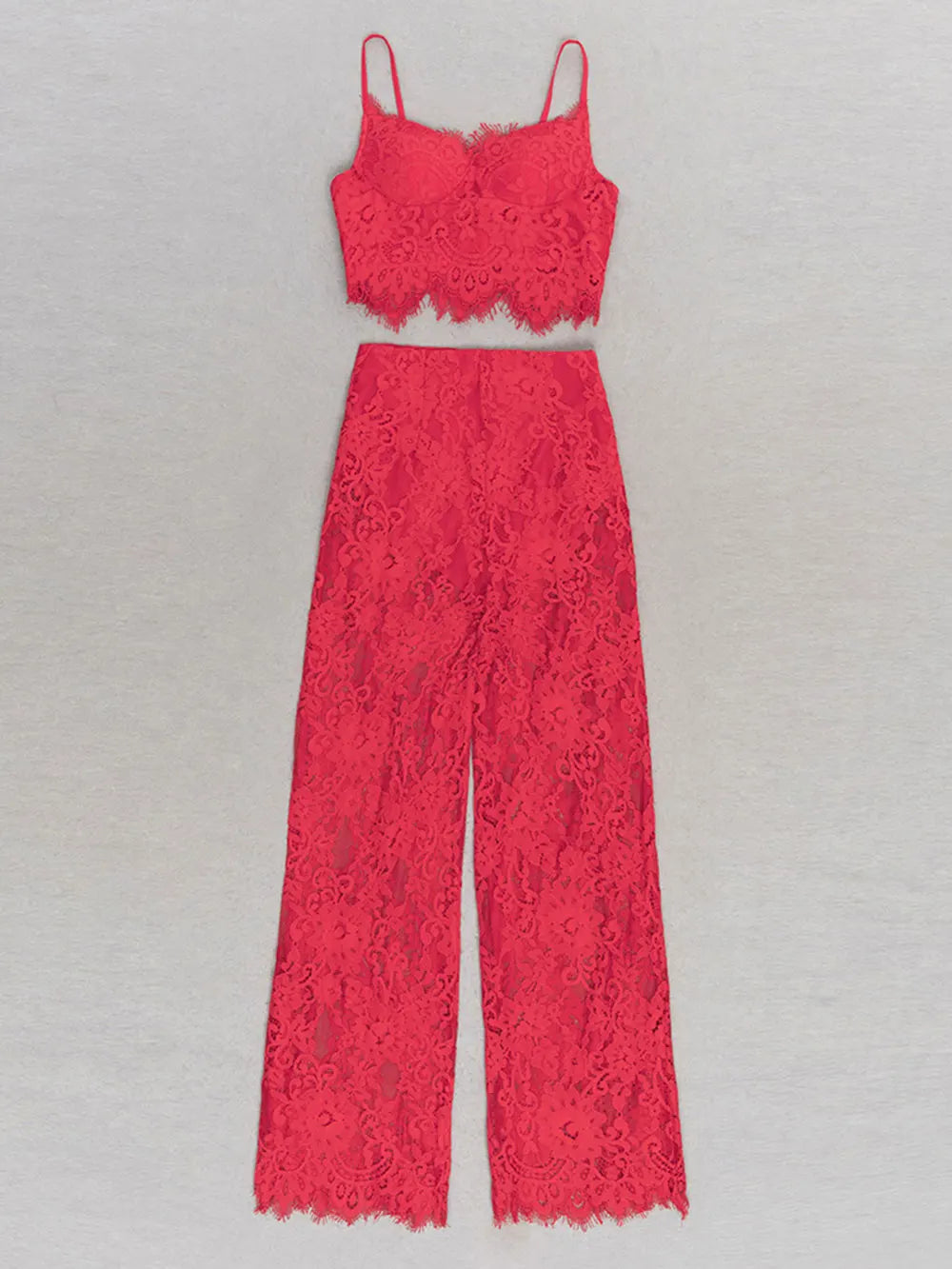 Sexy Women'S Lace Pants Set Spaghetti Strap Sleeveless Backless Ultra Short Vest+Straight Leg Pants Two-Piece Set Red