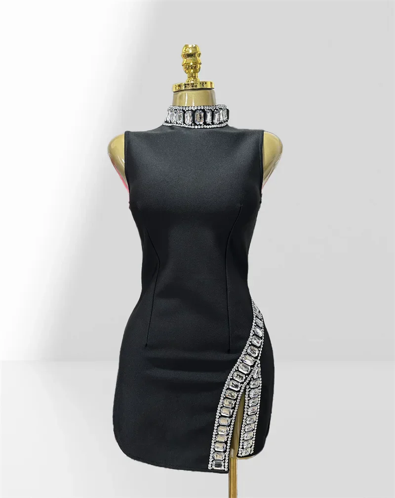 Summer Super shining Diamonds O-neck Sleeveless Bandage Mini Dress Fashion Woman Birthday Party Dress Music Festival Outfit black