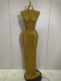 Sexy Sparkly Crystal Diamonds Mesh See Through Long Dress Women Elegant Party Costume Singer Stage Performance Outfit Gold