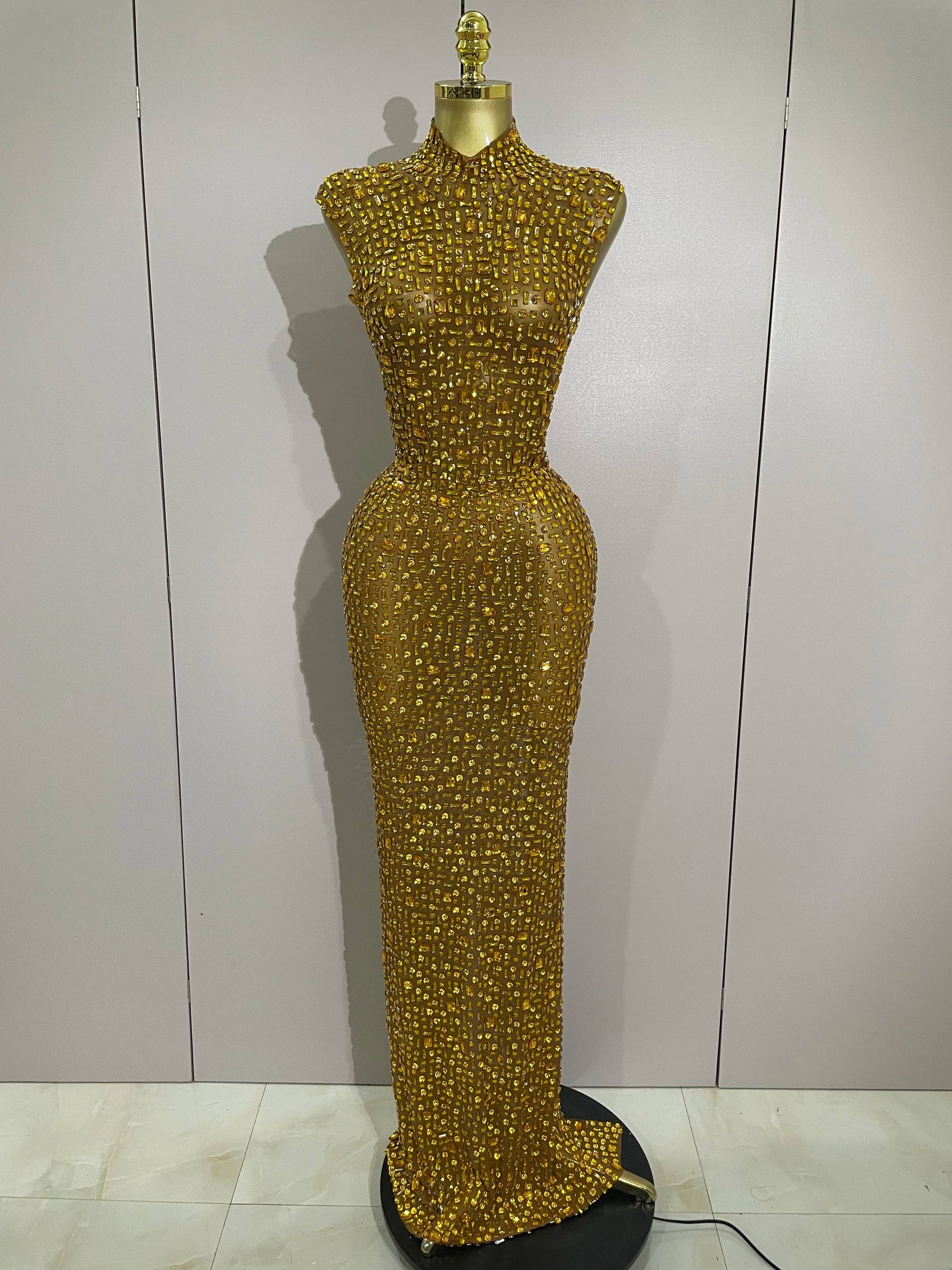 Sexy Sparkly Crystal Diamonds Mesh See Through Long Dress Women Elegant Party Costume Singer Stage Performance Outfit Gold