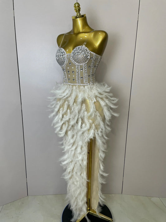 Women Sexy Sparkly Rhinestone Mesh Feather Long Dress Elegant Evening Party Celebrate Birthday Performance Costume