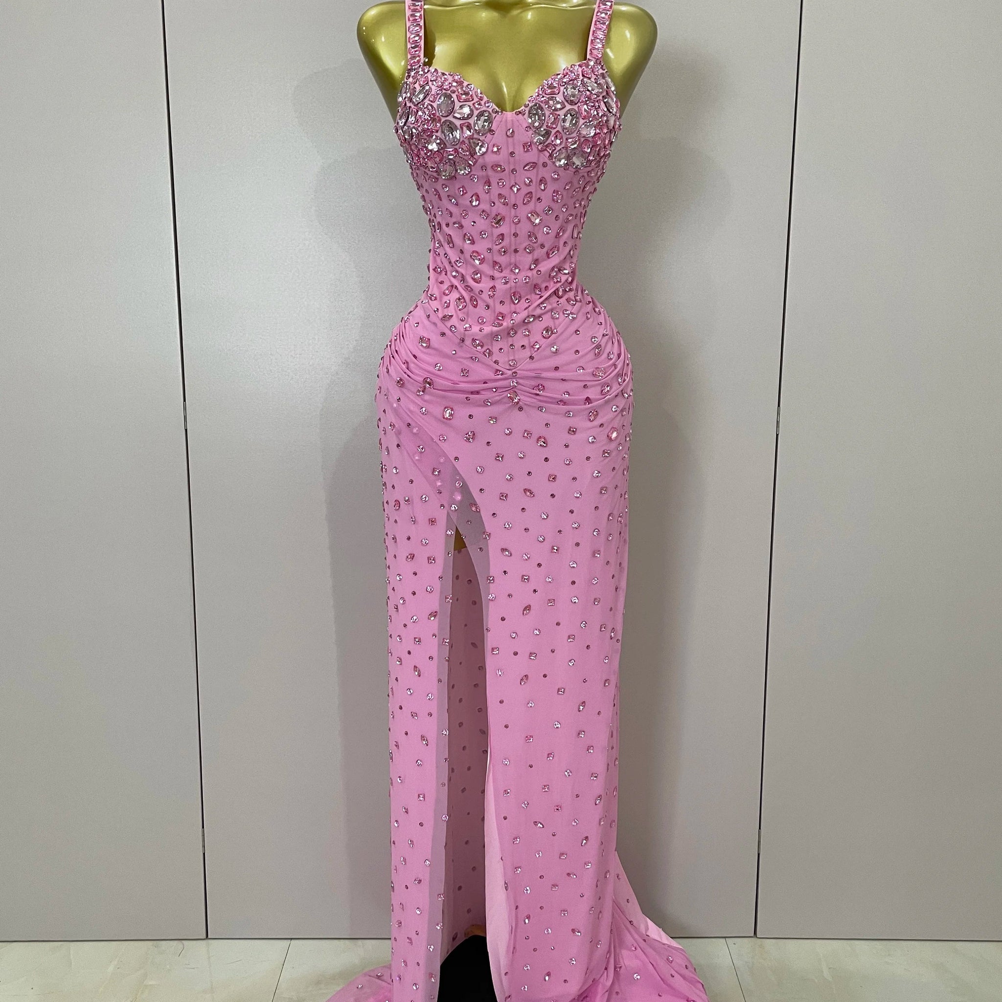 Luxury Pink Rhinestones Split Floor Length Dress Women Sexy Evening Celebrate Birthday Party Dress Photoshoot Stage Wear Pink