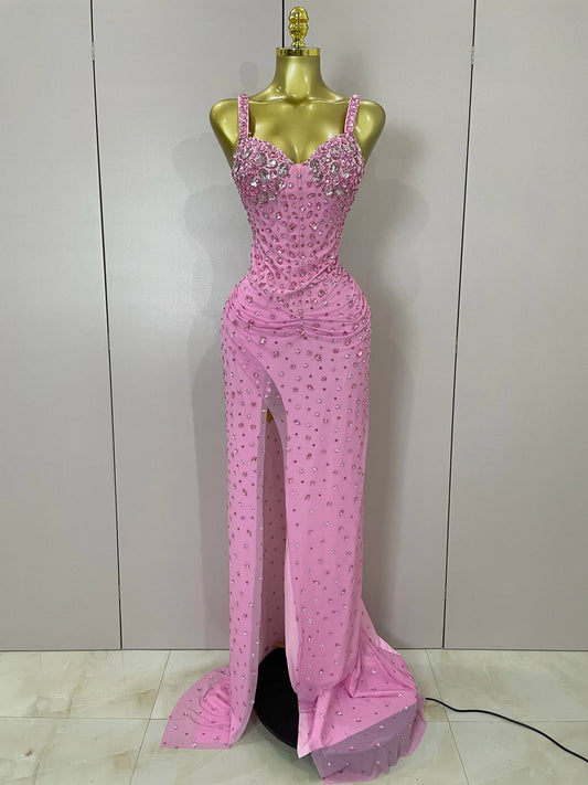 Luxury Pink Rhinestones Split Floor Length Dress Women Sexy Evening Celebrate Birthday Party Dress Photoshoot Stage Wear Pink