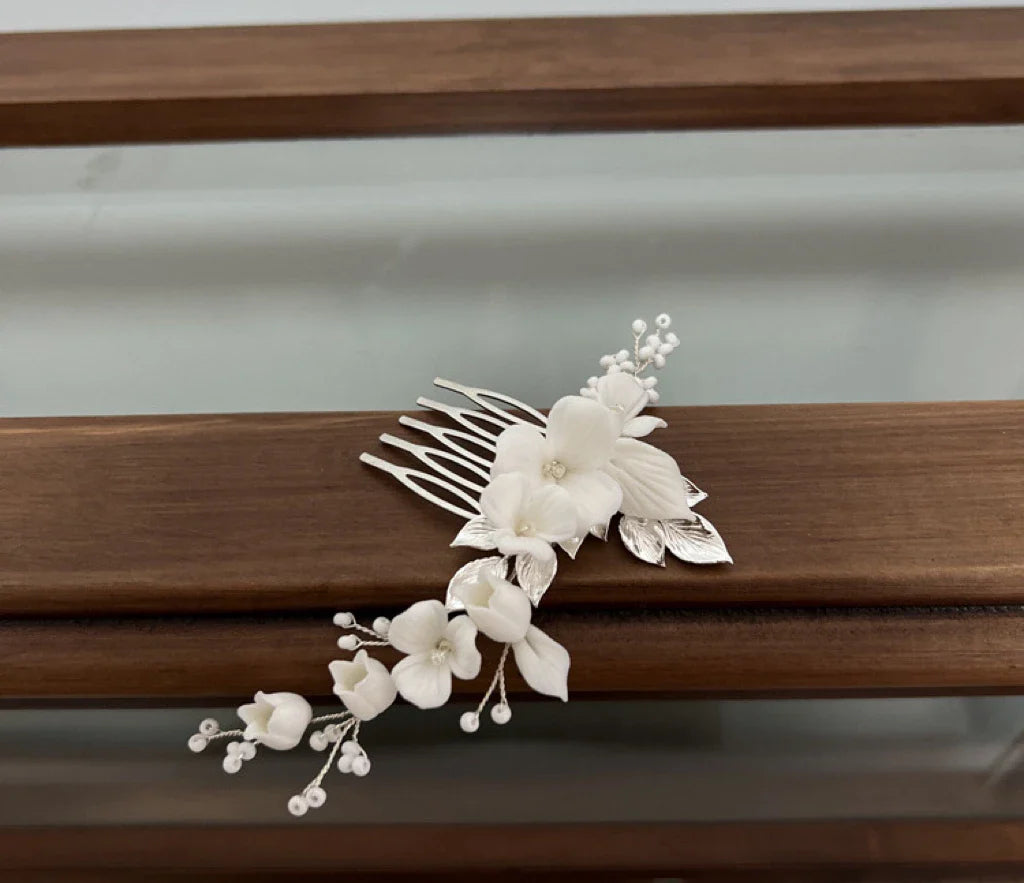Bridal Jewelry Porcelain Flower Hair Comb Pin Clip Head Pieces Brides Bridemaids Gold Silver Color Hairpins Wedding Accessories