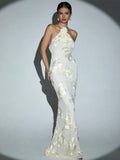 Women Sexy Halter Off the Shoulder Embroidery Bodycon Long Dress Elegant Evening Party Birthday Cocktail Outfit