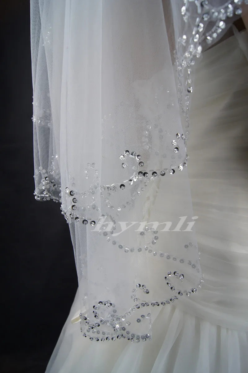 Two-Tier Fingertip Length Hand-Beaded Bridal Veil Wedding Accessory: A Touch of Sparkle and Sophistication for Your Special Day