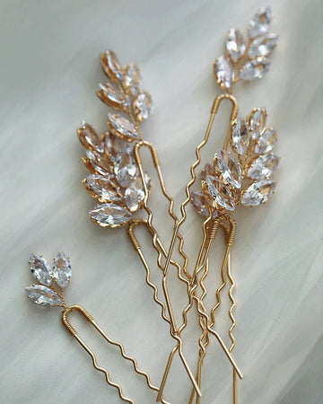Bridal Jewelry Zircon Crystal Hair Pins Clips Leaf Hairpins For Brides Women Vintage Gold Color Head Pieces Wedding Accessories