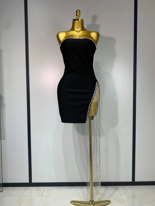 Women Celebrity Sexy Strapless Backless Black Diamond Tassels Mini Bodycon Bandage Dress Elegant Evening Club Party Dresses black