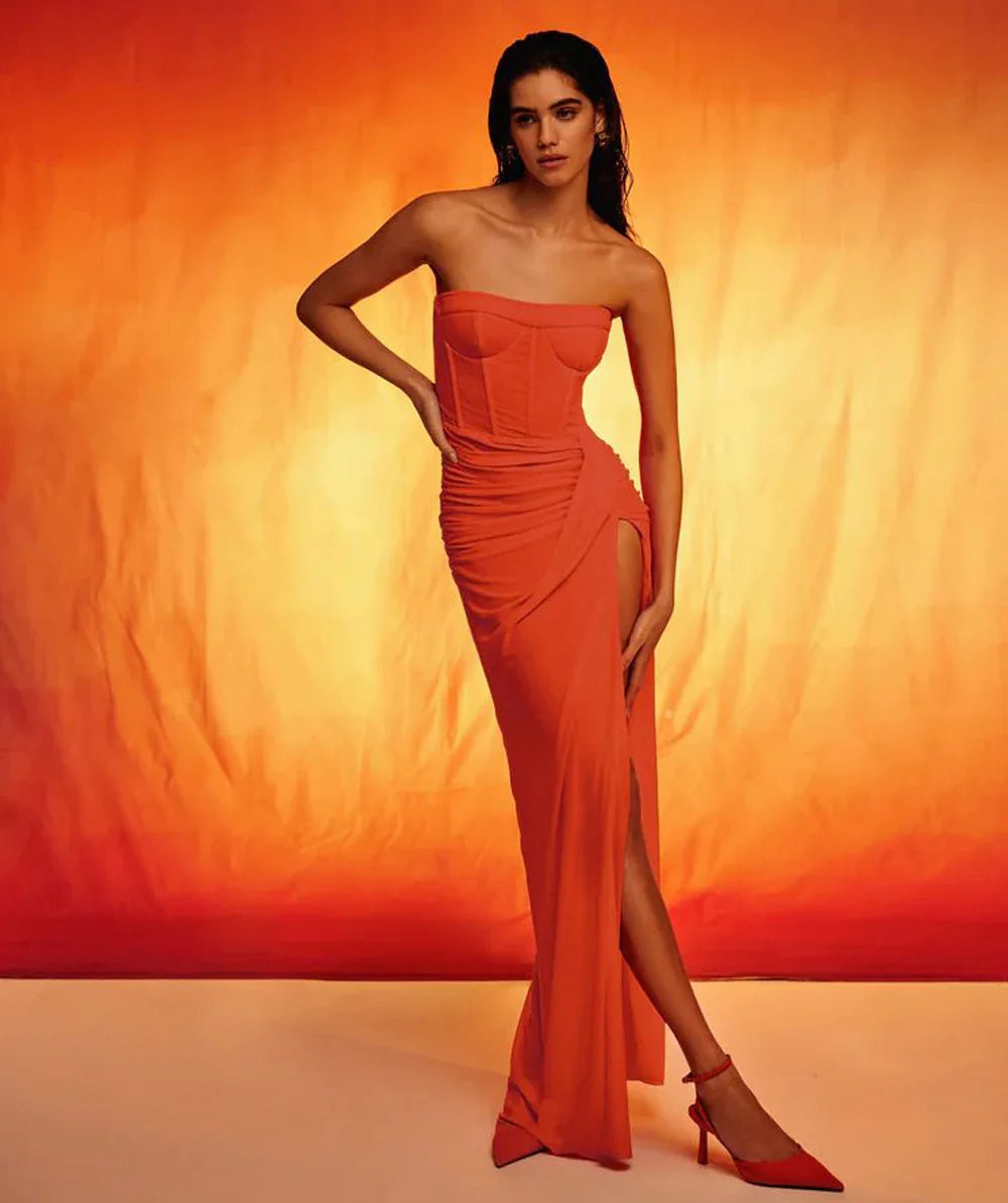 2023 Summer Women Sexy Strapless Bodycon Mid-calf Bodycon High Split Dress Fashion Wedding Mermaid Celebrate Party Dress