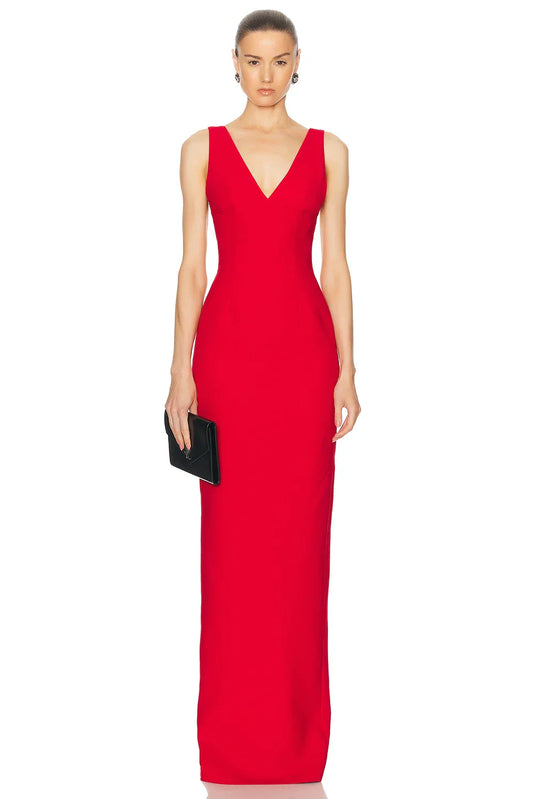 Red Color Women Sleeveless V-Neck Backless Bodycon Long Bandage Dress Celebrate Evening Party Birthday Outfit Vestido Red