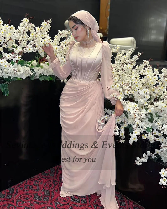 Elegant Baby Pink Muslim Arabic Prom Dresses Long Sleeves O-Neck Chiffon Pleat Formal Evening Dress Women Party Gowns