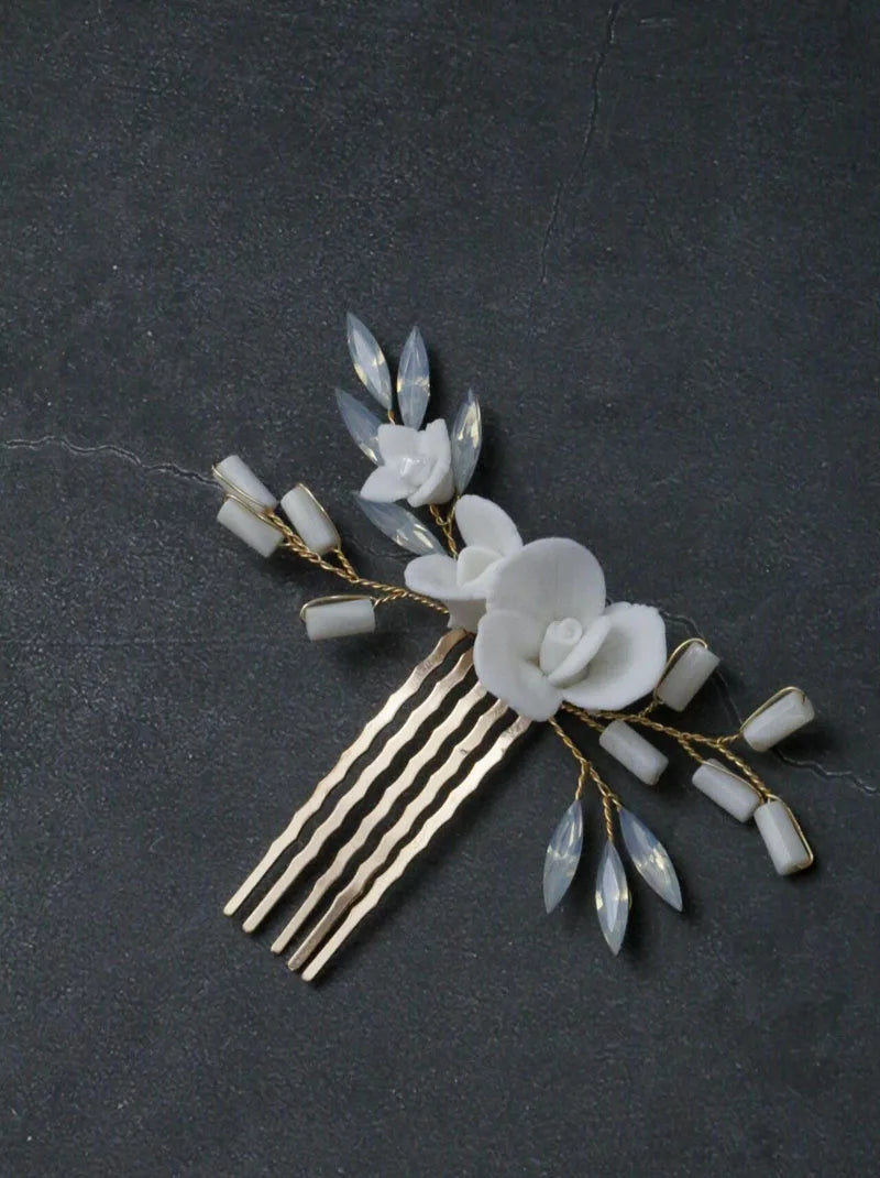 Bridal Jewelry Porcelain Flower Hair Combs Pins Clips Opal Hairpins Bride Bridesmaids Gold Color Head Pieces Wedding Accessories g222