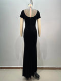 High Quality Women Short Sleeve Pearl Beading Velvet Bodycon Long Dress Elegant Evening Party Celebrate Cocktail Dress