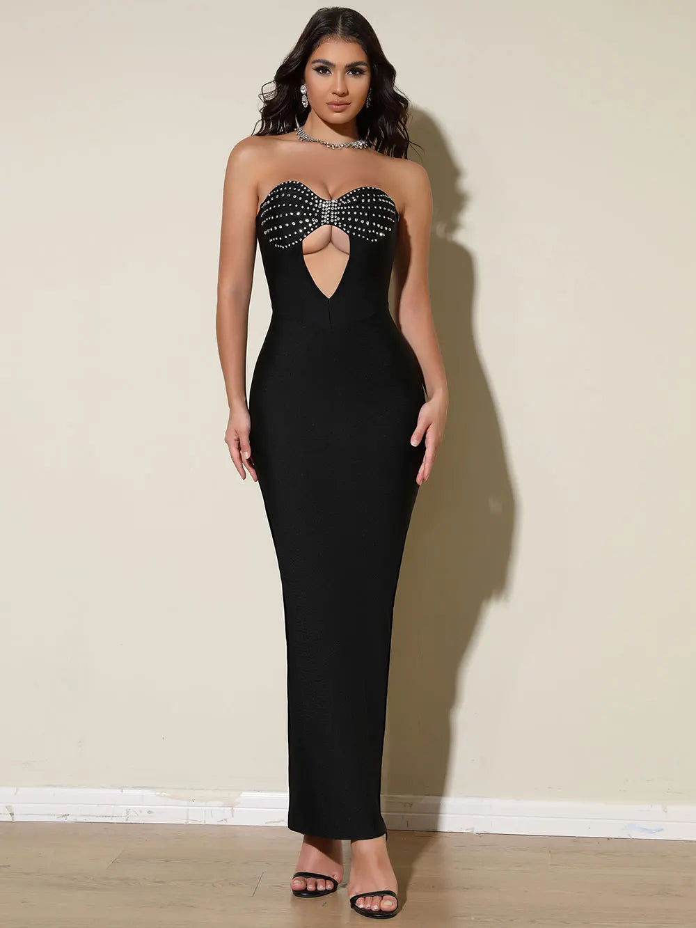 2025 Spring Women's Bandage Dress Sexy Strapless Sleeveless Water Diamond Hollow Design Bodycon Dress Evening Club Party Vestid black