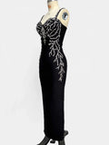 Ladies Diamond Beads Spaghetti Strap Backless Design Celebrity Evening Club Black Sleeveless Sexy Maxi Bandage Dress Vestidos