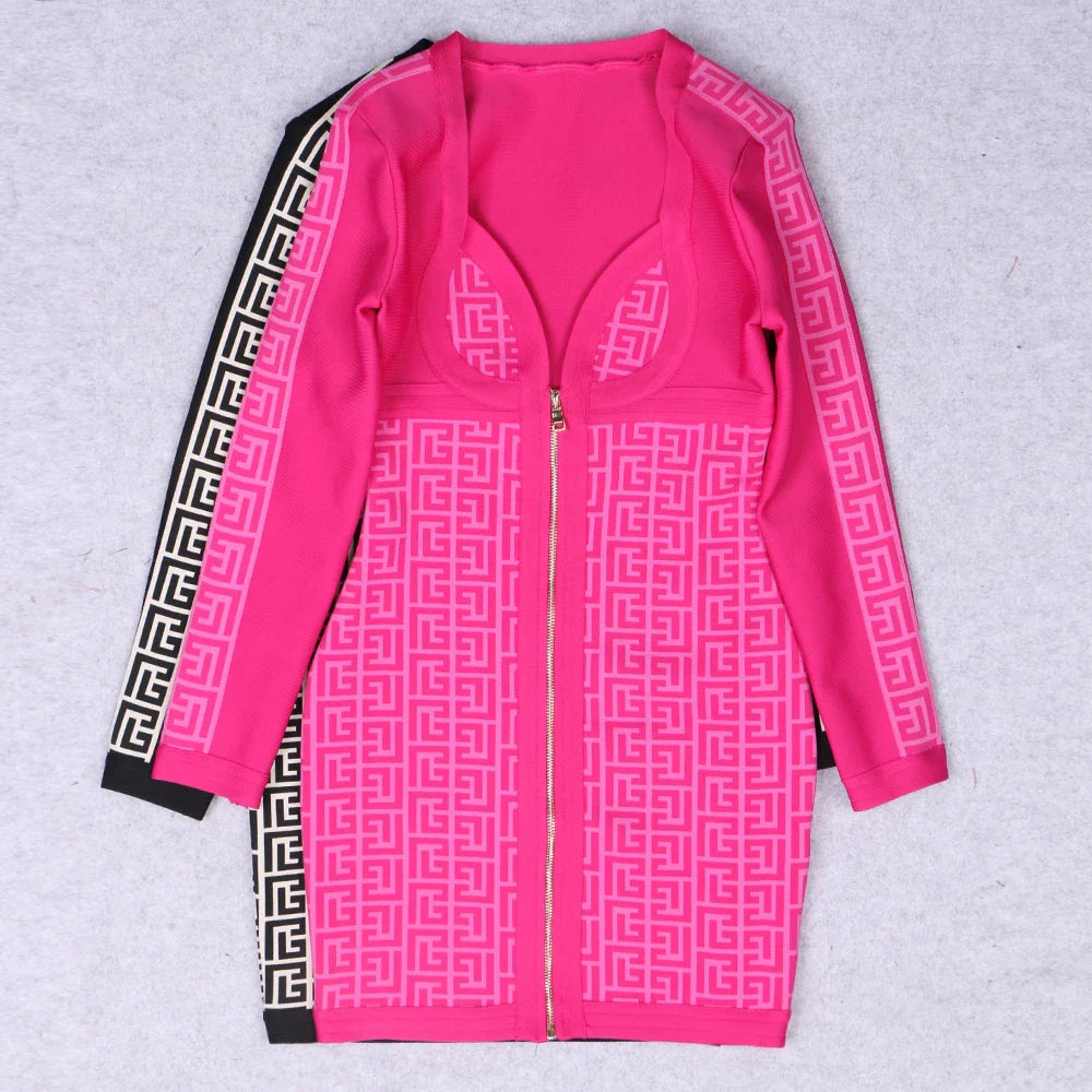 Black Color Women Long Sleeve Sexy Front Zipper Bodycon Mini Dress Rayon Bandage Fashion Runway Show Evening Dress Rose Red