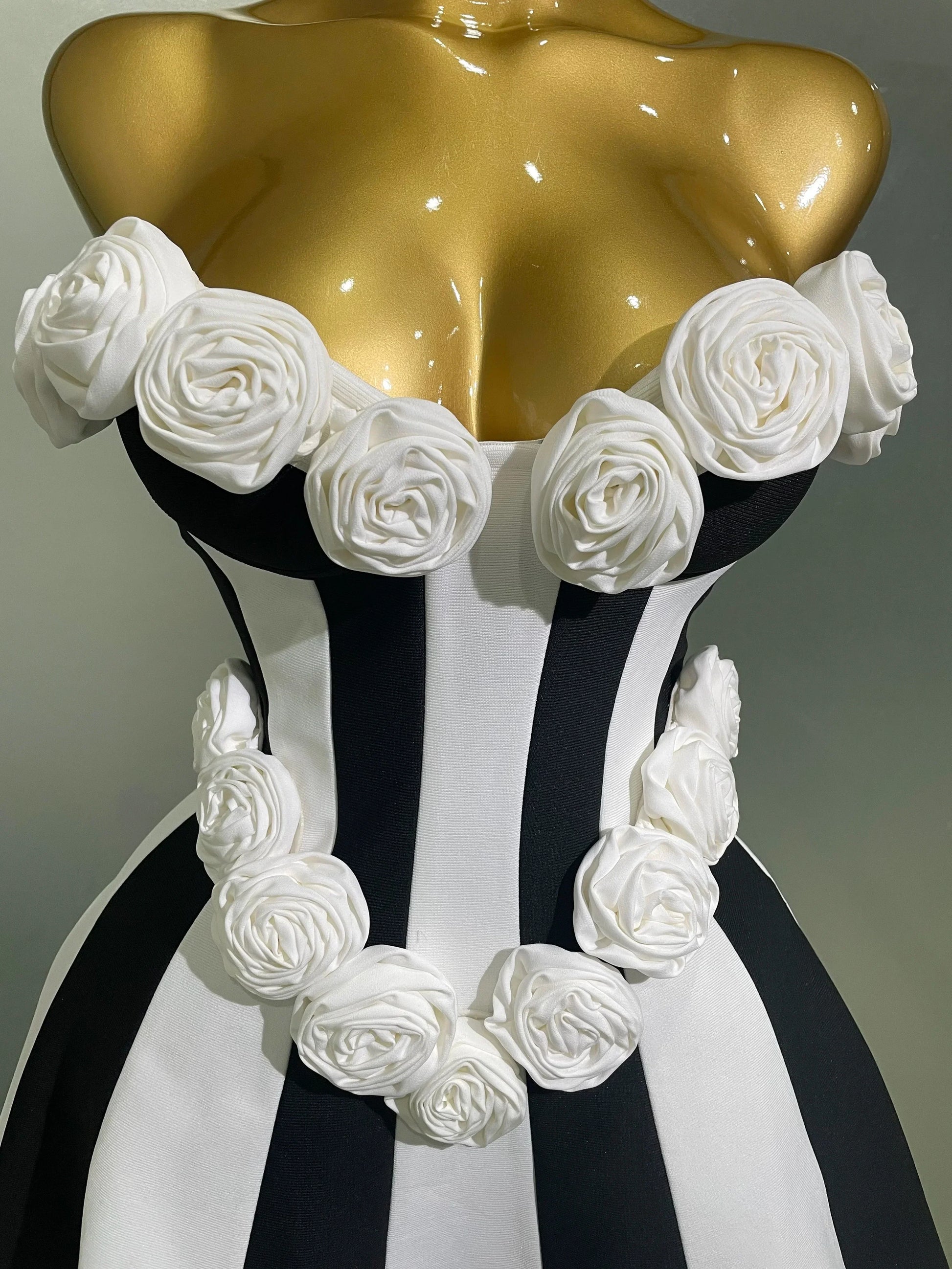 Women Flower Decoration Strapless Black White Stripe Bandage Short Dress Cocktail Party Elegant Evening Club Party Dress