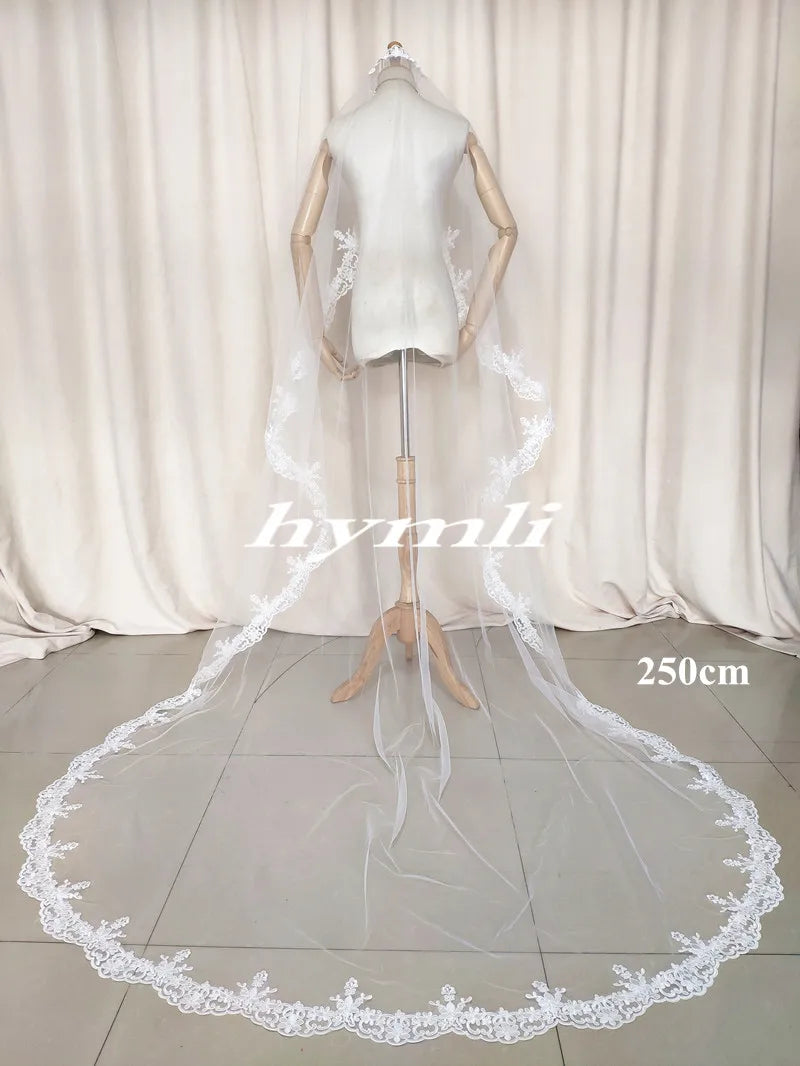 New Chapel Length Mantilla Lace Wedding Veil Bridal Veil in White Off-White Ivory with Metal Comb Ivory