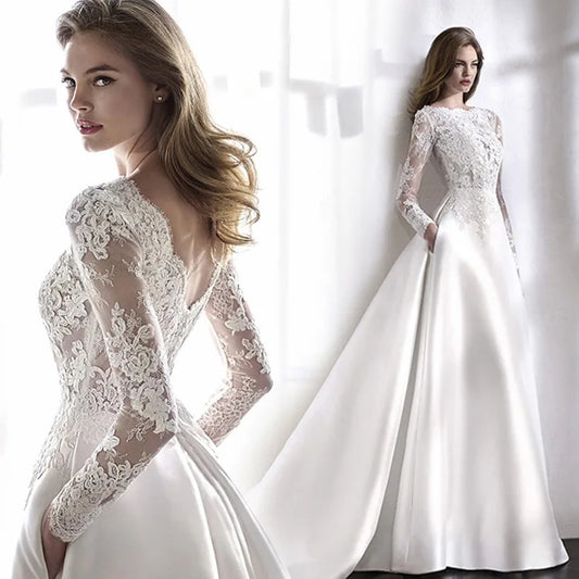 Long Sleeved Wedding Gown O-neck Lace Appliques Pocket Sweep Train Bridal Dress Plus Size Custom Made Vestido De Noiva White