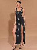Sexy Women's Light Luxury Nail Diamond Design Split Bandage Dress O-Neck Sleeveless Bodycon Black Long Dress Party Vestidos