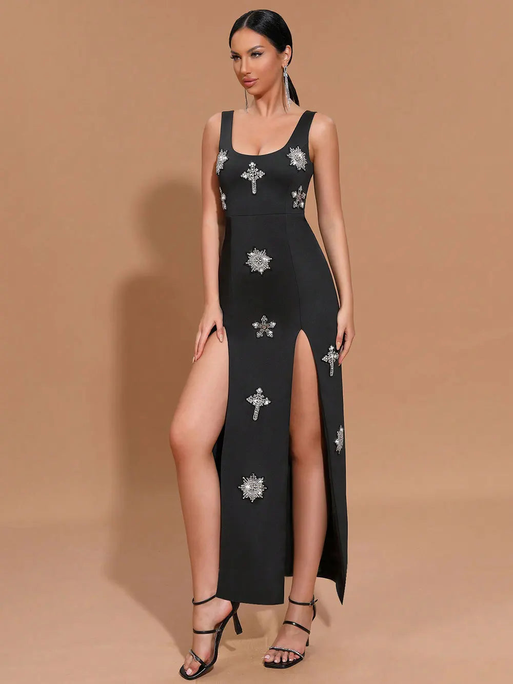 Sexy Women's Light Luxury Nail Diamond Design Split Bandage Dress O-Neck Sleeveless Bodycon Black Long Dress Party Vestidos