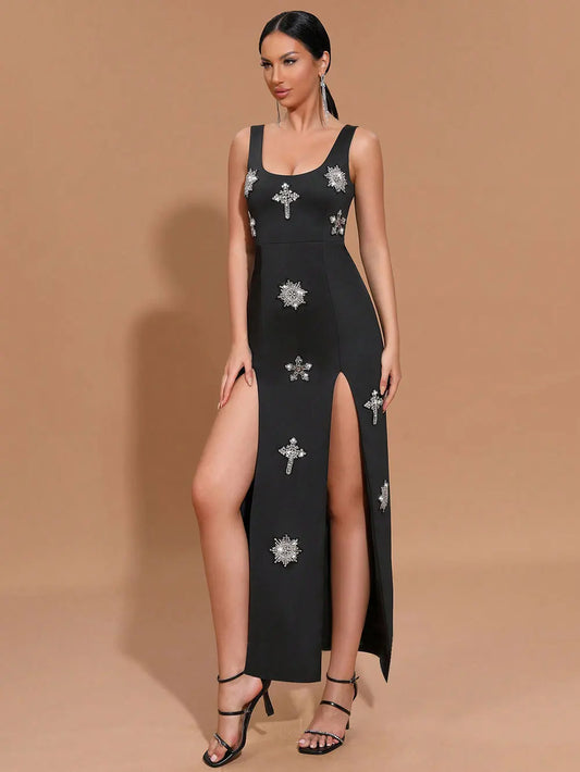 Sexy Women's Light Luxury Nail Diamond Design Split Bandage Dress O-Neck Sleeveless Bodycon Black Long Dress Party Vestidos