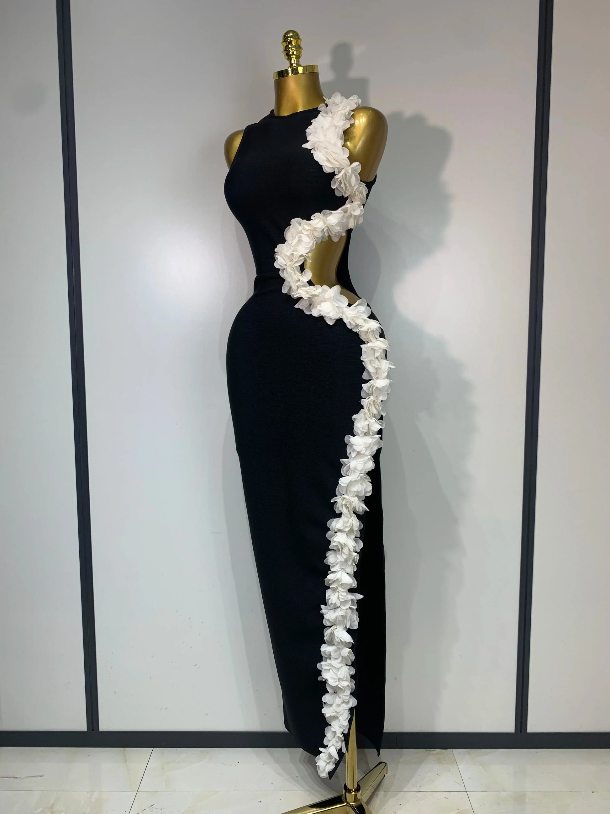 Women Sexy O Neck Flower Cut Out Maxi Long Bodycon Bandage Dress Celebrity Elegant Evening Club Party Birthday Dress