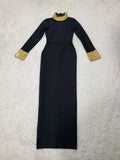 Elegant Women Light Luxury Nail Bead Design Bandage Dress High Collar Long Sleeve Bodycon Long Dress Evening Party Vestidos