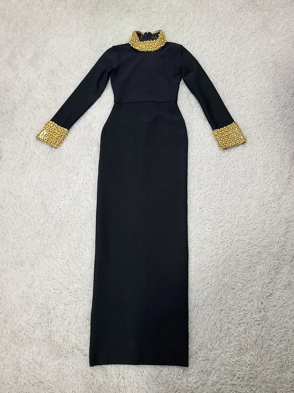 Elegant Women Light Luxury Nail Bead Design Bandage Dress High Collar Long Sleeve Bodycon Long Dress Evening Party Vestidos