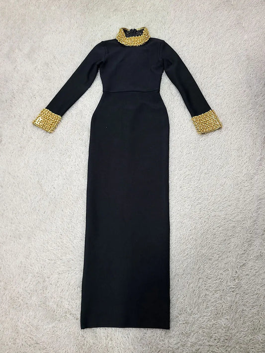 Elegant Women Light Luxury Nail Bead Design Bandage Dress High Collar Long Sleeve Bodycon Long Dress Evening Party Vestidos