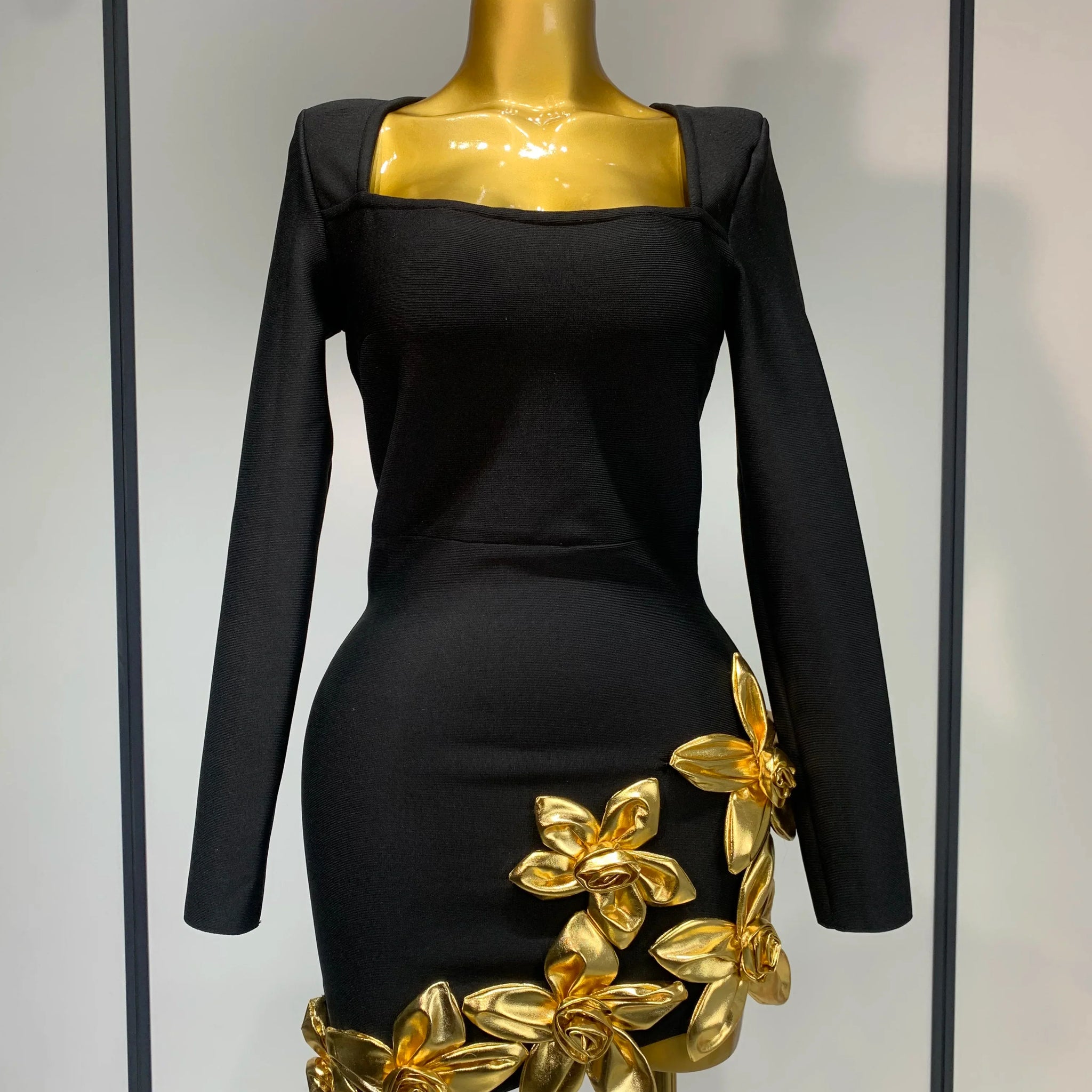 Women Long Sleeve Sexy Square Collar Gold Flower Bodycon Mini Bandage Dress Celebirty Elegant Nightclub Luxury Birthday Dresses black