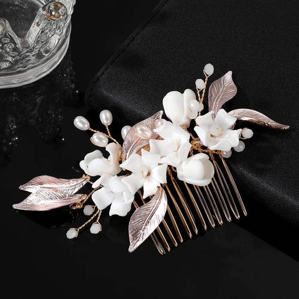 Bridal Hair Jewelry Gold Color Headbands Headpieces Porcelain Flower Hairband Brides Gift Headdress Headwear Wedding Accessories b
