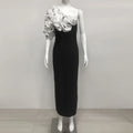 Elegant Evening Long Bandage Dress Fashion Splicing Ruffle Flowers Club Party Gowns Lady Sexy Diagonal Collar Dress black