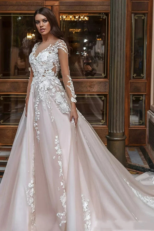 Kvinnor lyxiga bröllopsklänningar v-ringning illusion långa ärmar 3d blomma a-line prinsessor prom klänning brud klänning vestido de novia