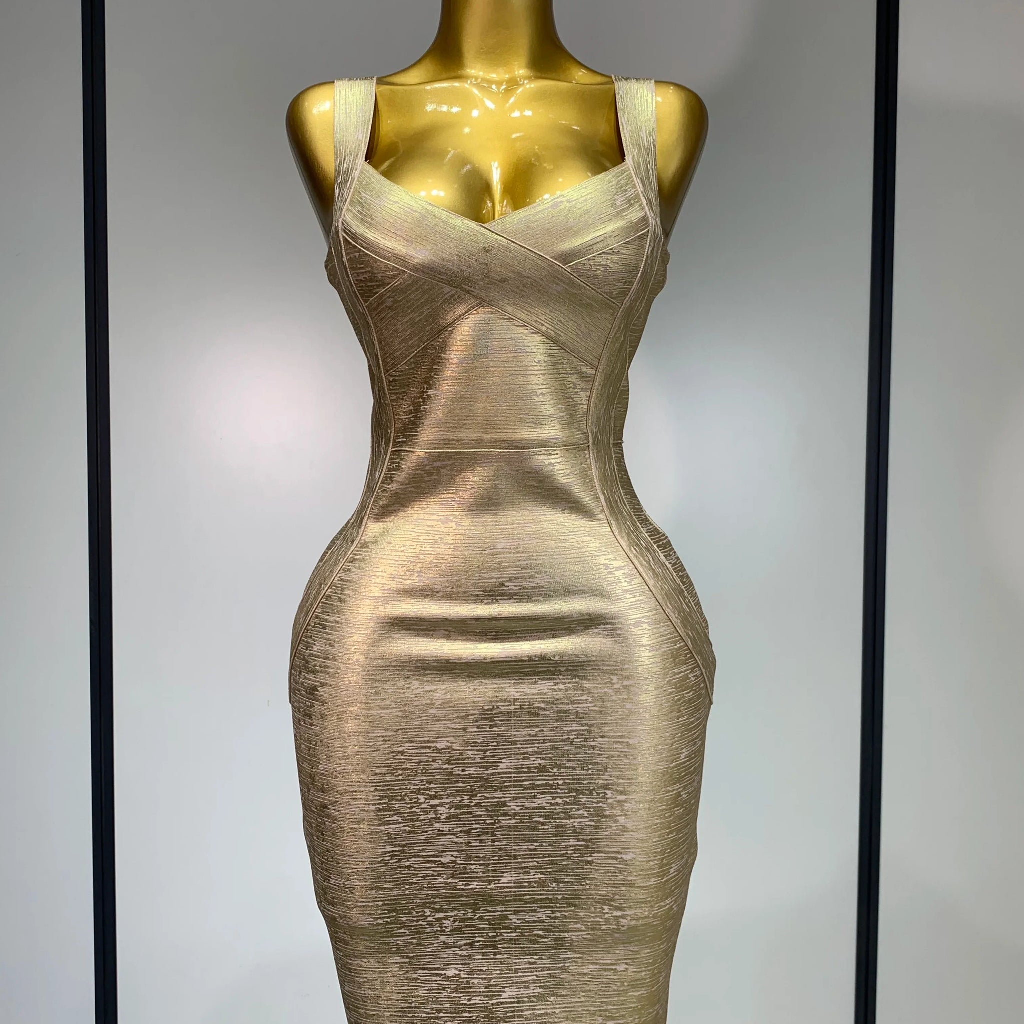 Women Sexy V Neck Bronzing Gold Midi Bodycon Bandage Dress Celebrity Elegant Evening Club Party Luxury Birthday Dress Gold
