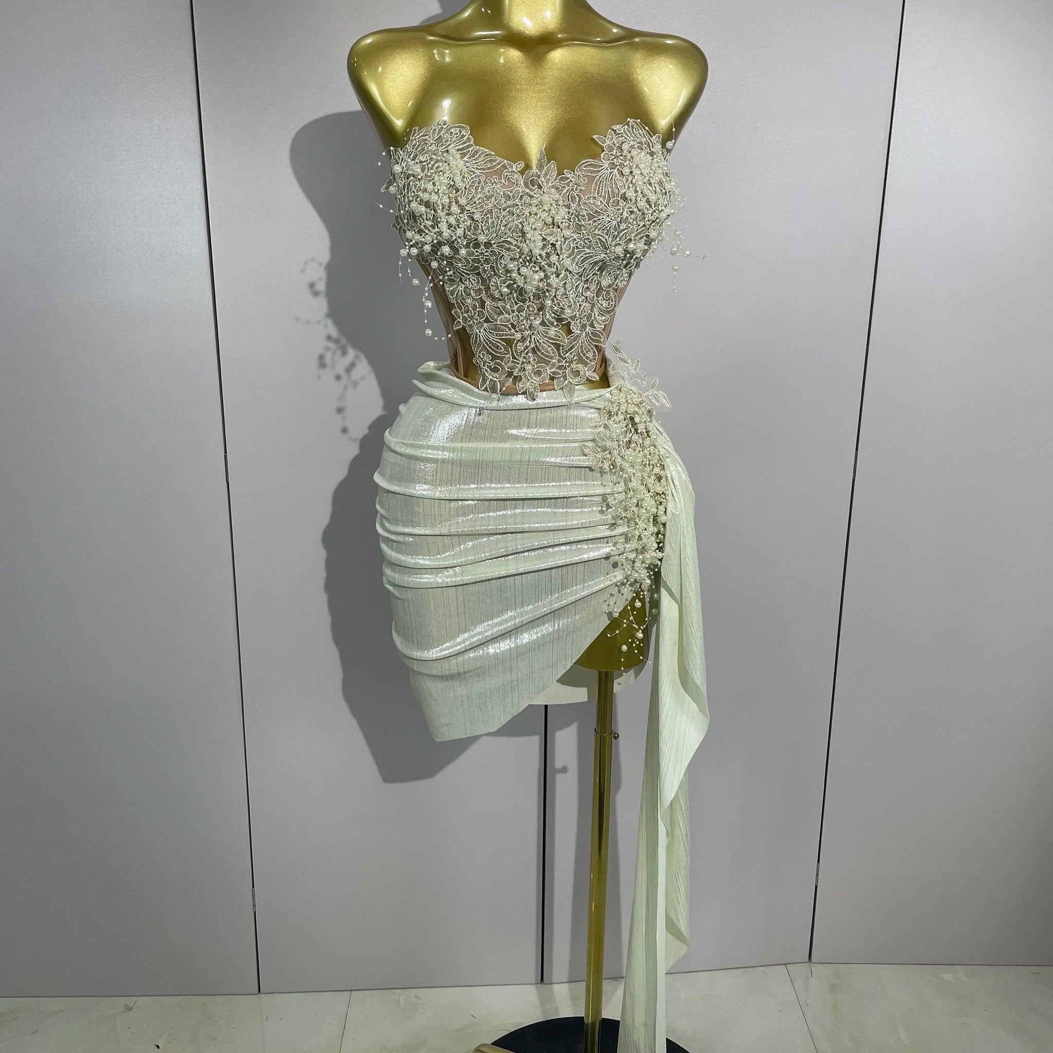 Luxury Shining Pearls Sexy Asymmetrical Skirt 2 PCS Set Women Evening Birthday Party Stage Dancer Performance Costume Beige