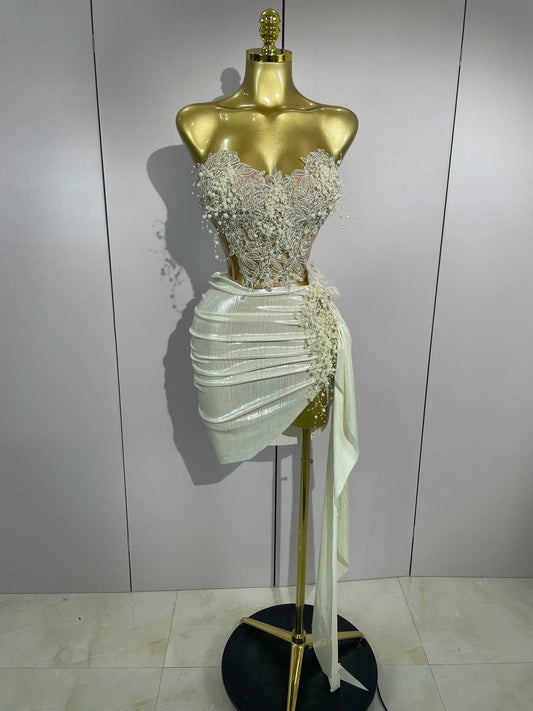 Luxury Shining Pearls Sexy Asymmetrical Skirt 2 PCS Set Women Evening Birthday Party Stage Dancer Performance Costume Beige