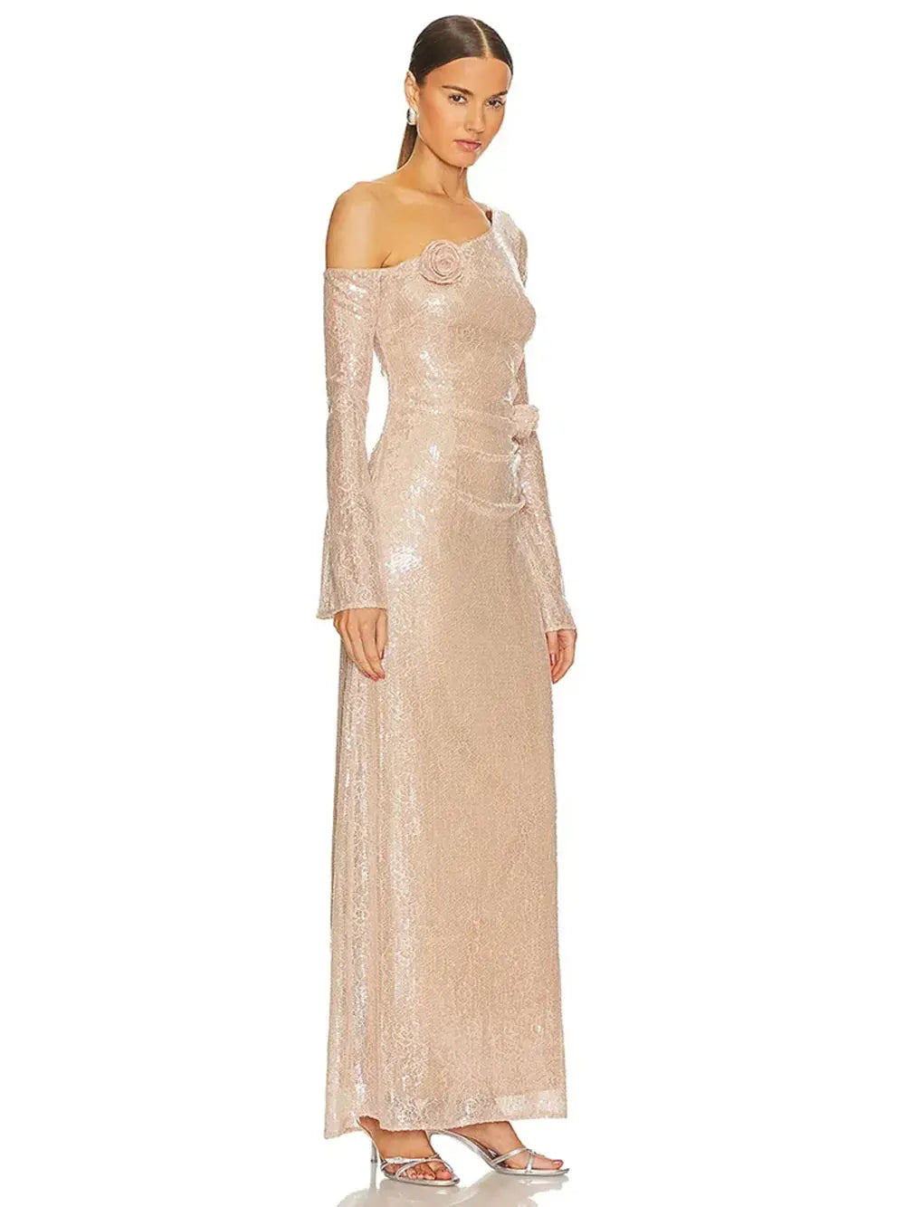 Sexy Women's 3D Flower Shining Glitter Maxi Dress with Diagonal Collar Long Sleeve Bodycon Long Dress Evening Club Vestidos