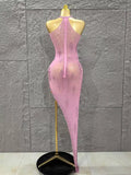 Pink Rhinestones Women Sleeveless Sexy Off the Shoulder Mesh See Through Bodycon Long Dress Celebrate Nightclub Party Outfit