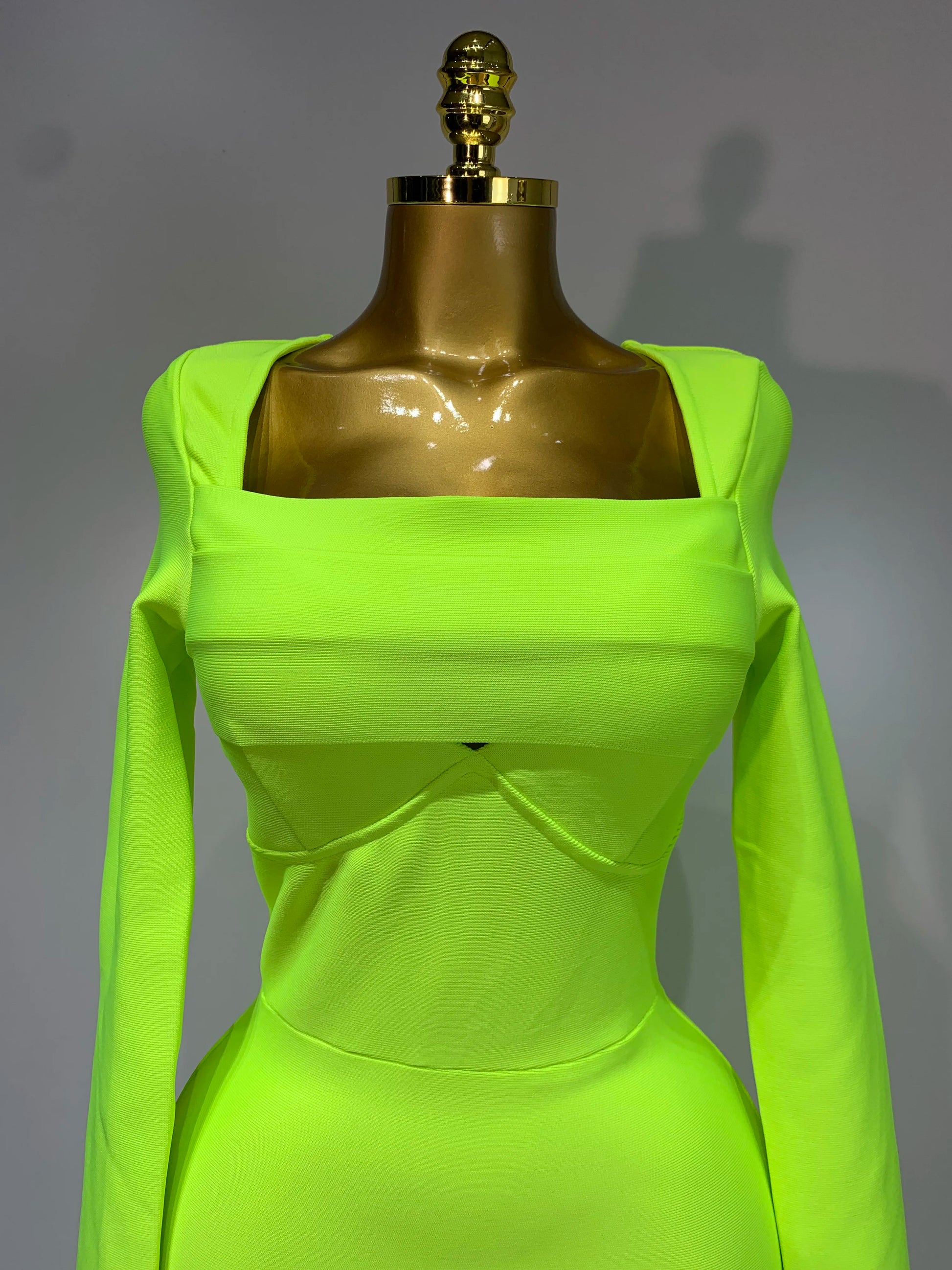 Women Sexy Long Sleeve Square Collar Fluorescent Green Midi Bodycon Bandage Dress Elegant Evening Birthday Party Dresses