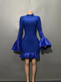 Black Blue Women Long Sleeve Sexy Ruffles Bodycon Mini Bandage Dress Nightclub Party Celebrate Birthday Fashion Outfit Vestido Blue