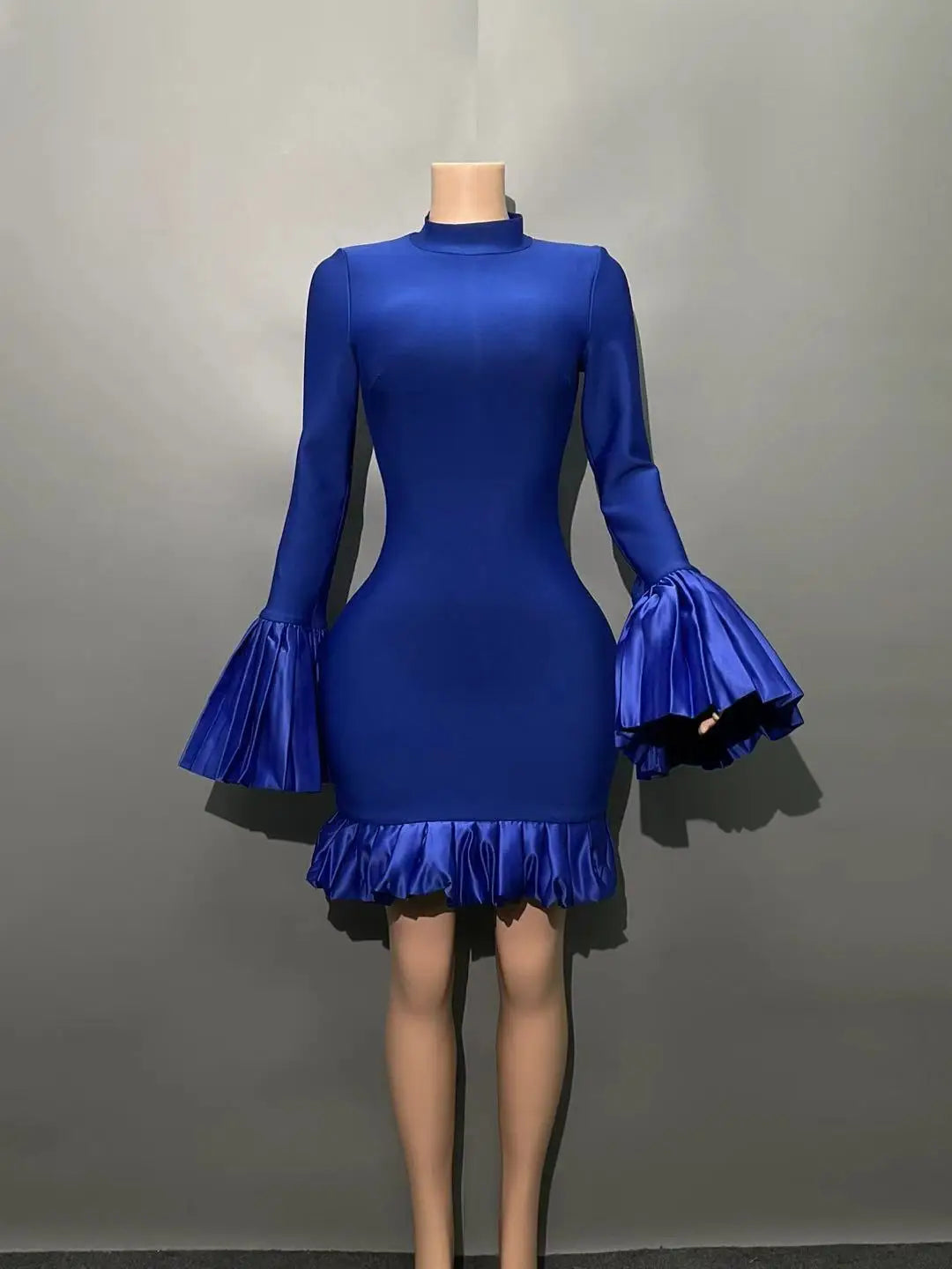 Black Blue Women Long Sleeve Sexy Ruffles Bodycon Mini Bandage Dress Nightclub Party Celebrate Birthday Fashion Outfit Vestido Blue
