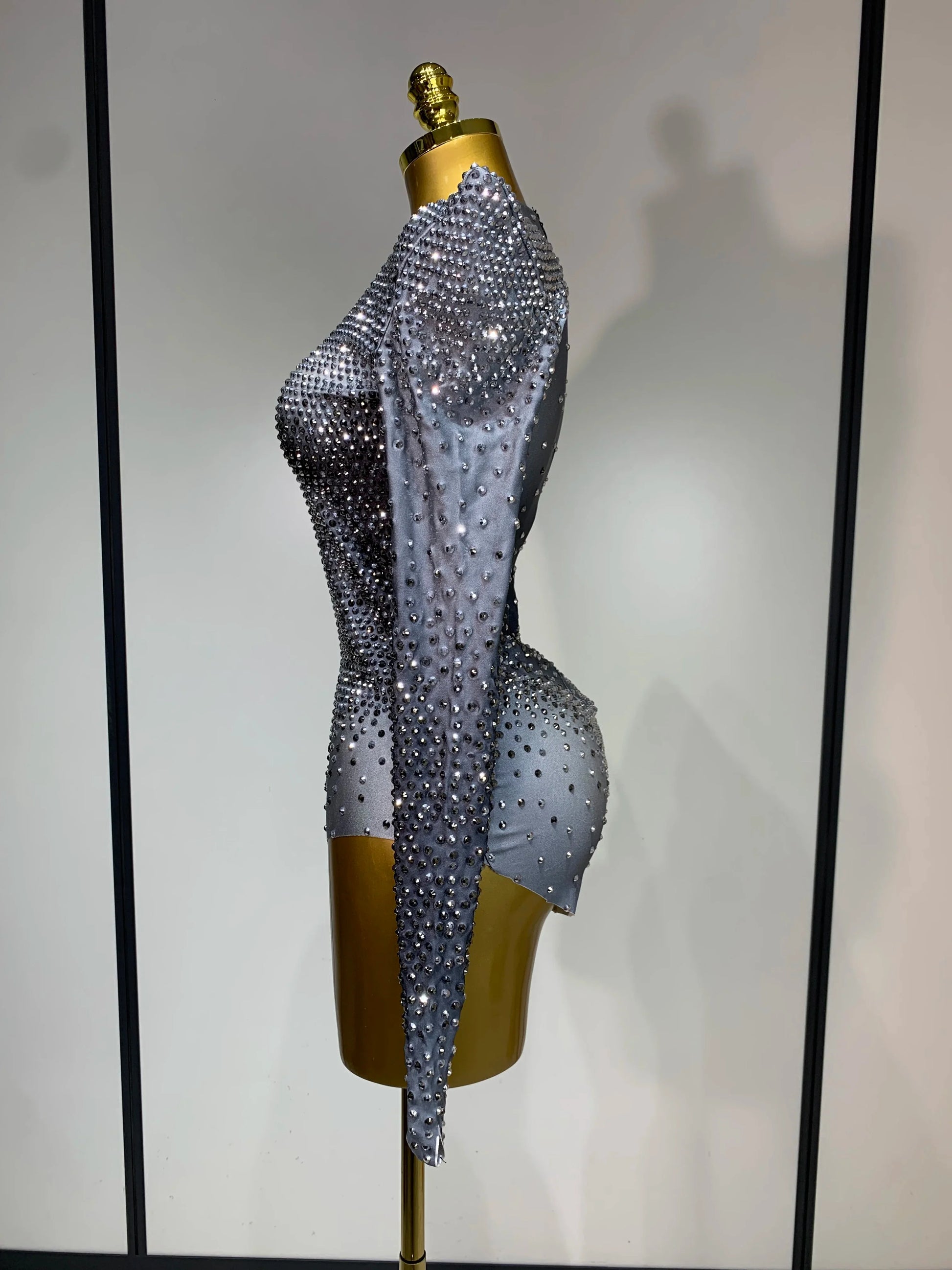 Sparkle Silver Rhinestones Stretch Bodysuits Women Luxury Birthday Evening Party Sexy Nightclub Singer Stage Costume