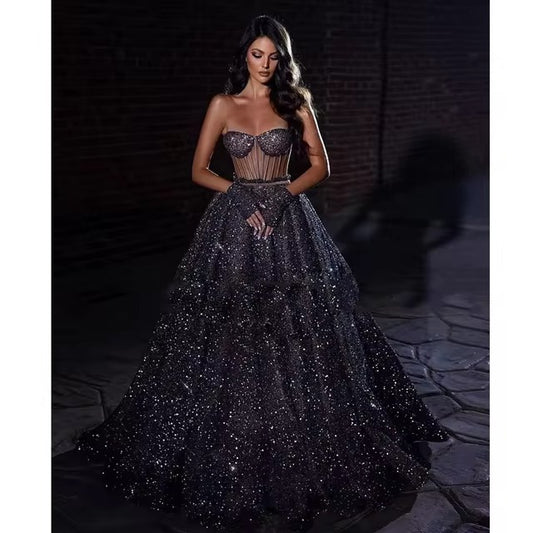 Glitter Sequin A Line Prom Dresses Sweetheart See Through Body Evening Dress Exposed Bones Plus Size Formal Party Gowns