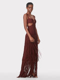 2024 Summer Sexy Tassel Bandage Dresses Women's Spaghetti Sleeveless Hollow Bodycon Long Dress Celebrity Evening Party Vesidos