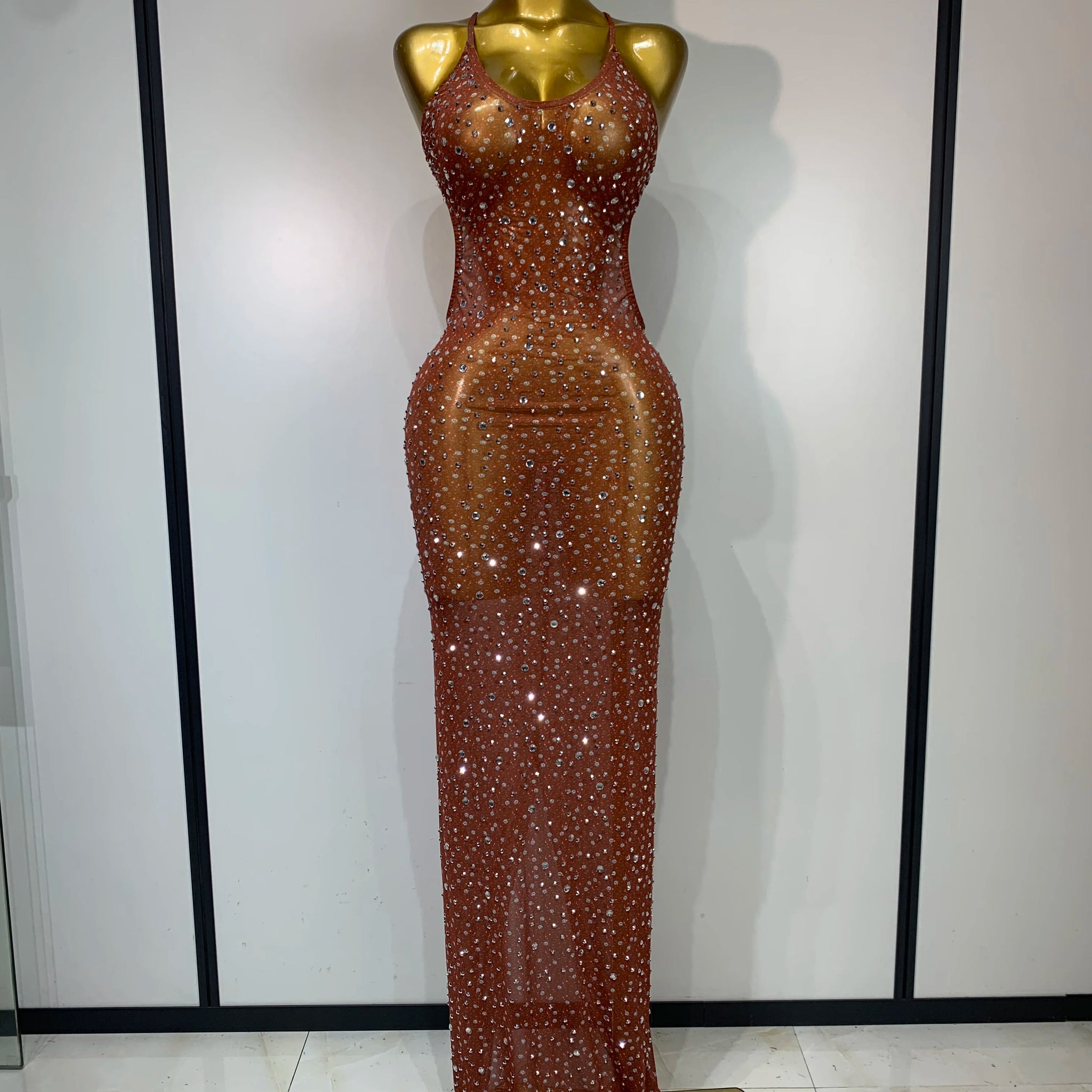 Women Sexy Backless Rhinestones Mesh Stretch See Through Maxi Dress Luxury Birthday Performance Singer Stage Costume Vestido Maroon