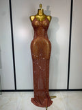 Women Sexy Backless Rhinestones Mesh Stretch See Through Maxi Dress Luxury Birthday Performance Singer Stage Costume Vestido Maroon