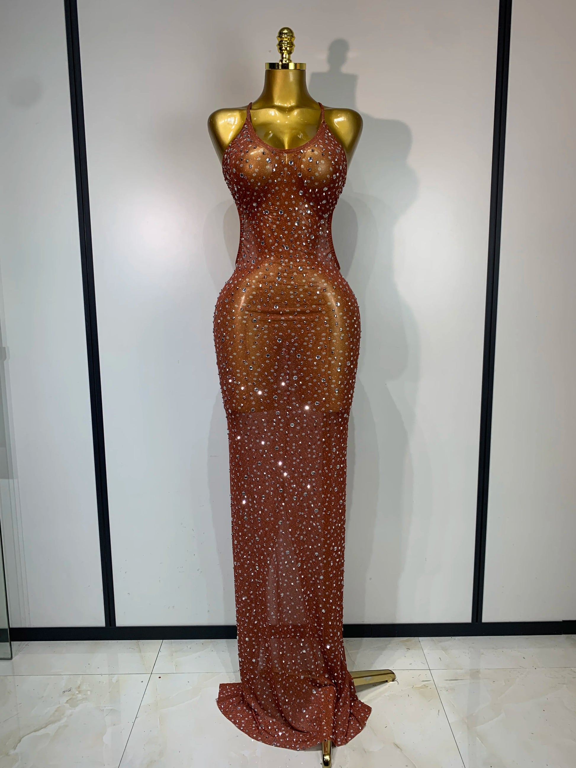 Women Sexy Backless Rhinestones Mesh Stretch See Through Maxi Dress Luxury Birthday Performance Singer Stage Costume Vestido Maroon