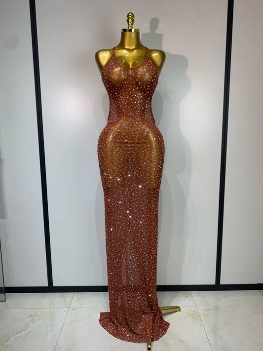 Women Sexy Backless Rhinestones Mesh Stretch See Through Maxi Dress Luxury Birthday Performance Singer Stage Costume Vestido Maroon