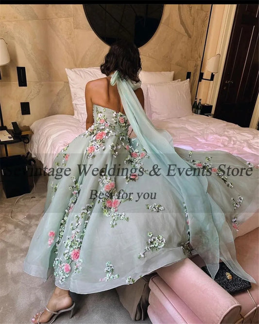 Fairy Minit Green Formal Prom Gowns Halter Organza Flower Applique Ruched Floor Length Evening Party Dress Event Dress